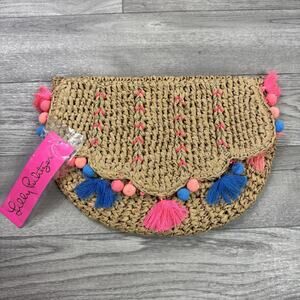 Lilly Pulitzer Clam Shell Clutch Purse Natural Brown Pom-Pom Tassels